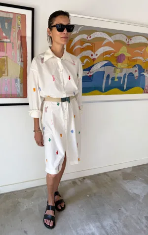 White Button Dress with greek art emblems