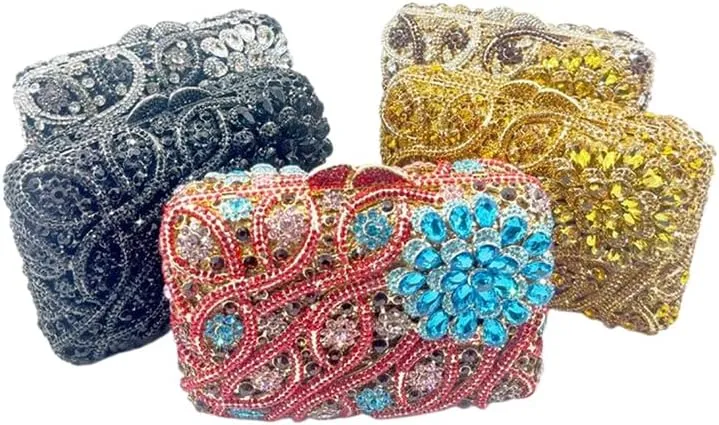 Women Flower Rhinestone Evening Bags Sparkling Crystal Wedding Clutch Party Diamond Purse Floral Formal Handbag