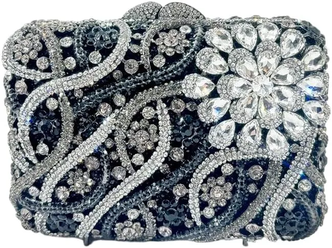 Women Flower Rhinestone Evening Bags Sparkling Crystal Wedding Clutch Party Diamond Purse Floral Formal Handbag