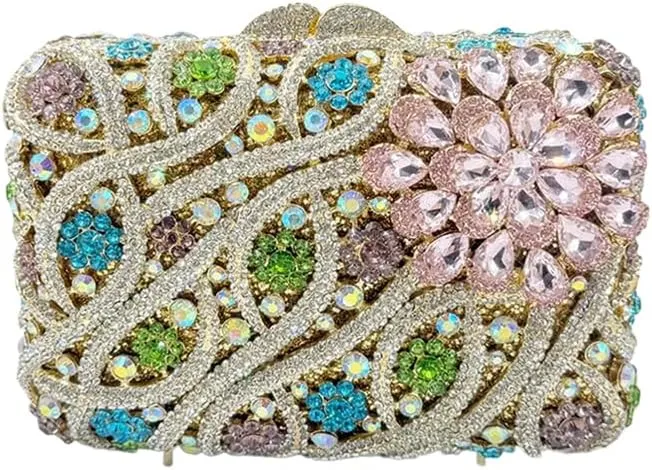 Women Flower Rhinestone Evening Bags Sparkling Crystal Wedding Clutch Party Diamond Purse Floral Formal Handbag