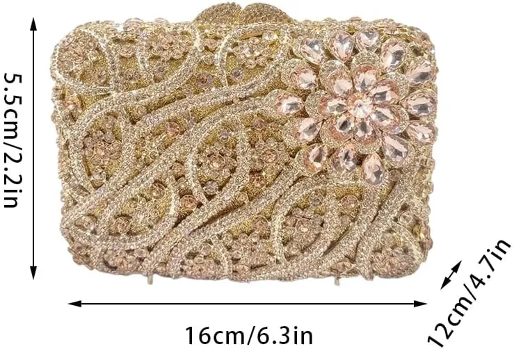 Women Flower Rhinestone Evening Bags Sparkling Crystal Wedding Clutch Party Diamond Purse Floral Formal Handbag
