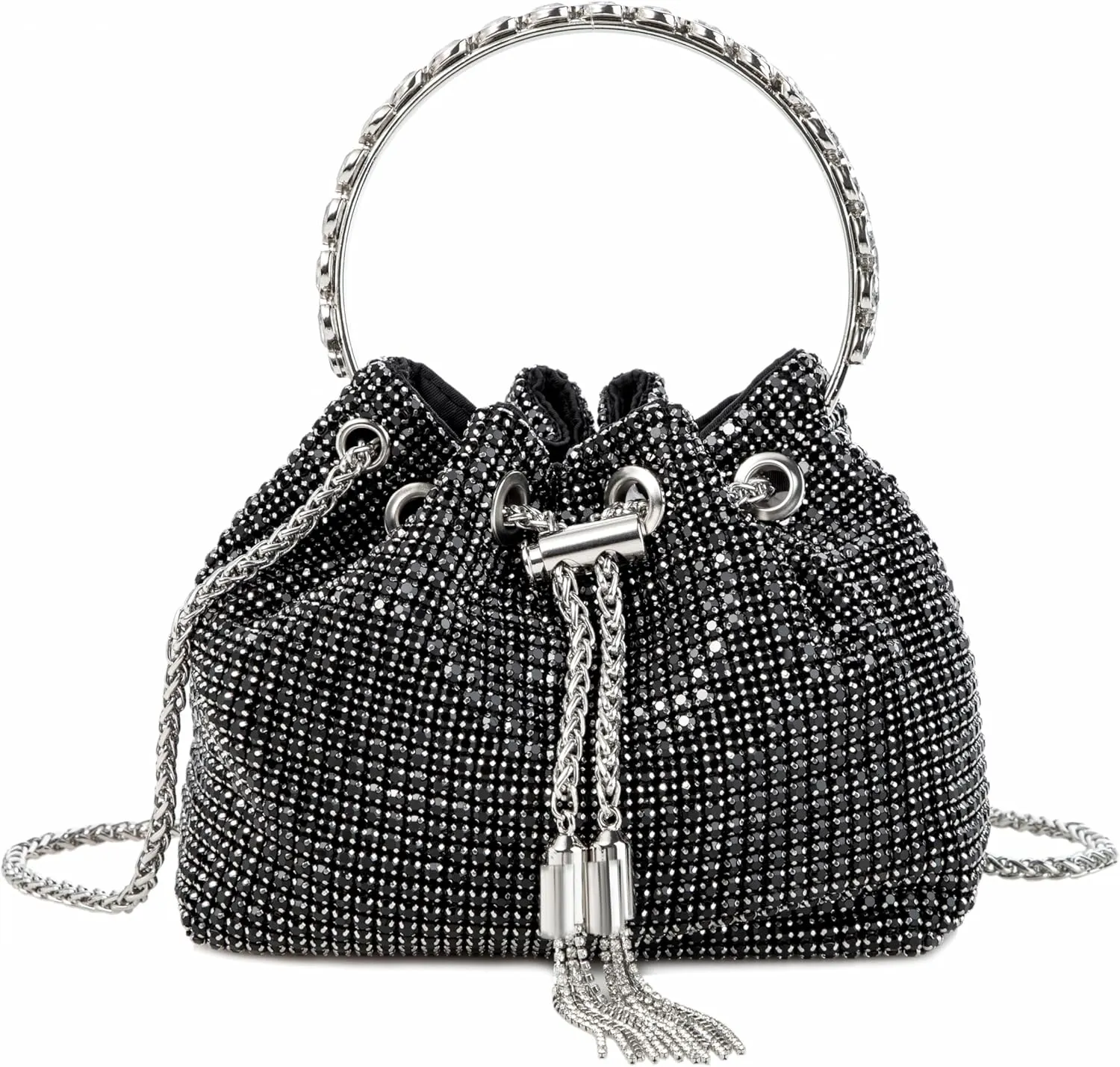 Women Rhinestone Tassel Bucket Bag Sparkling Evening Clutch Diamond Purse with Detachable Strap for Wedding Party