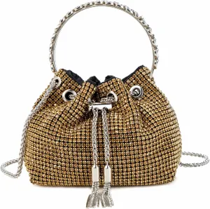 Women Rhinestone Tassel Bucket Bag Sparkling Evening Clutch Diamond Purse with Detachable Strap for Wedding Party