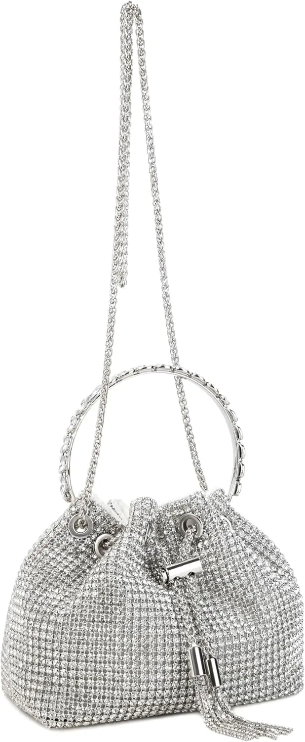 Women Rhinestone Tassel Bucket Bag Sparkling Evening Clutch Diamond Purse with Detachable Strap for Wedding Party