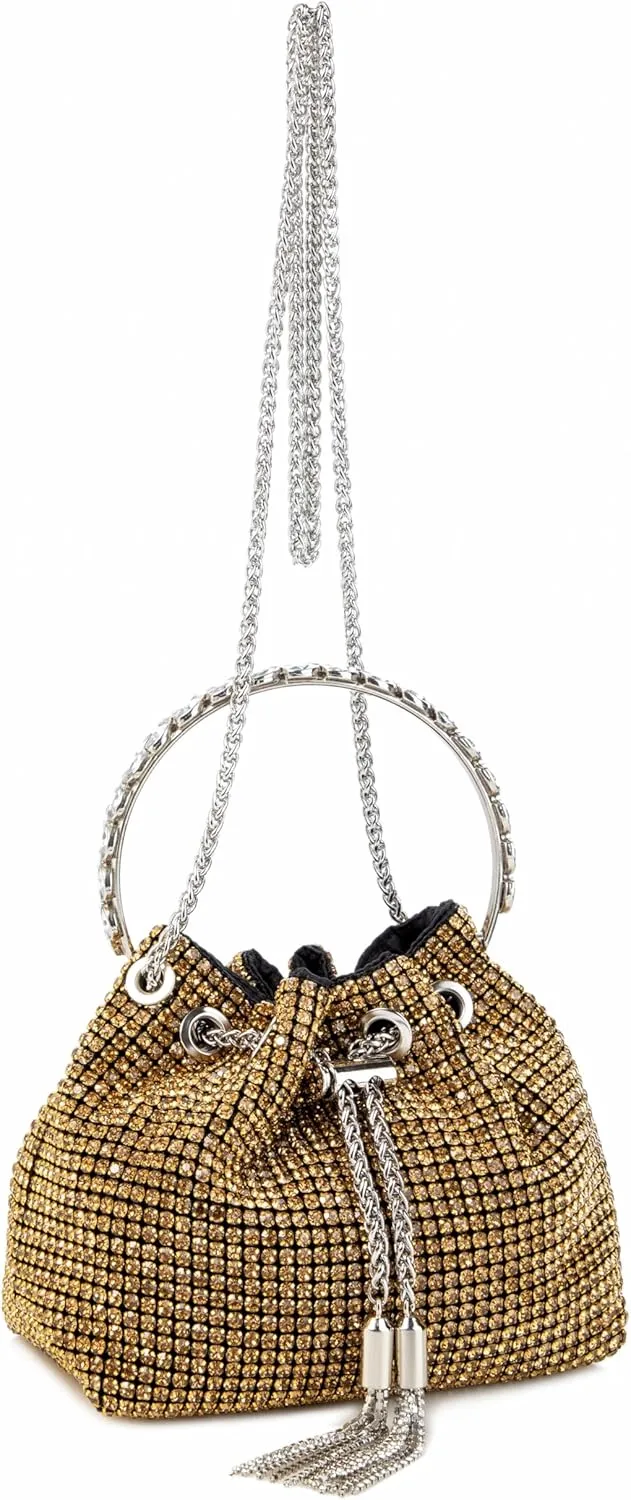 Women Rhinestone Tassel Bucket Bag Sparkling Evening Clutch Diamond Purse with Detachable Strap for Wedding Party