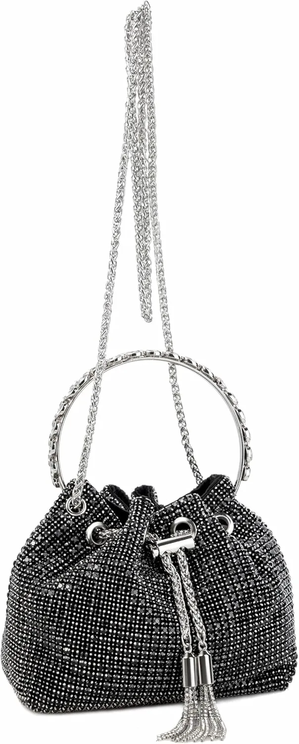 Women Rhinestone Tassel Bucket Bag Sparkling Evening Clutch Diamond Purse with Detachable Strap for Wedding Party