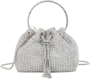 Women Rhinestone Tassel Bucket Bag Sparkling Evening Clutch Diamond Purse with Detachable Strap for Wedding Party