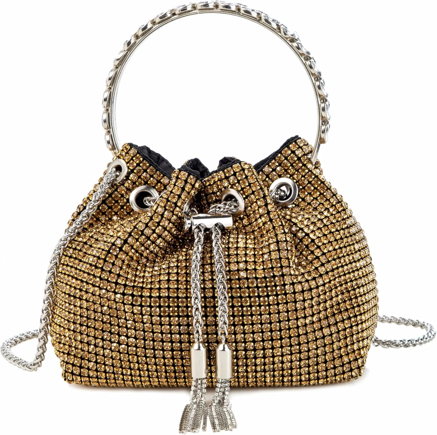 Women Rhinestone Tassel Bucket Bag Sparkling Evening Clutch Diamond Purse with Detachable Strap for Wedding Party