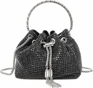 Women Rhinestone Tassel Bucket Bag Sparkling Evening Clutch Diamond Purse with Detachable Strap for Wedding Party
