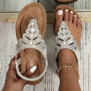 Women's Arch Support Sandals Orthotic Comfortable Walking Sandals Lightweight Beach Travel Athletic Outdoor Shoes Flip Flops Ankle Elastic Rhinestone Flats Gladiator Thong Sandal