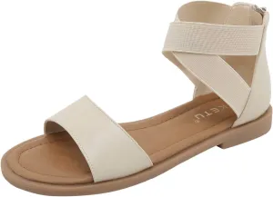 Women's Casual Boho Sandals Vegan Leather Flats, Soft Sole Non-Slip Beach Walking Shoes with Arch Support Wide Width Flat Sandal for Women