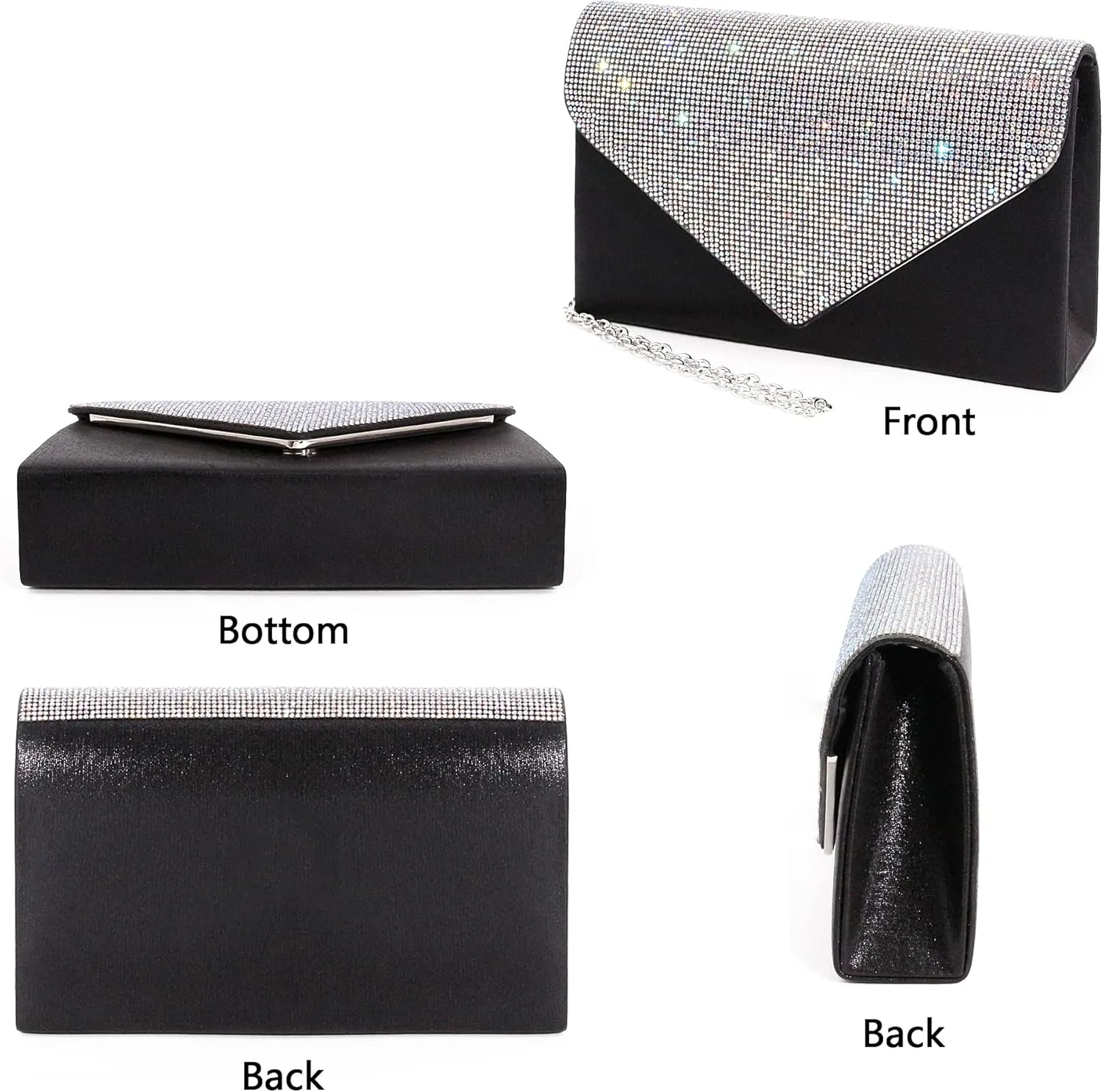 Womens Envelope Evening Bag Clutch Purses Sparkling Rhinestone Hangbag Shoulder Crossbody Bag with Detachable Chain