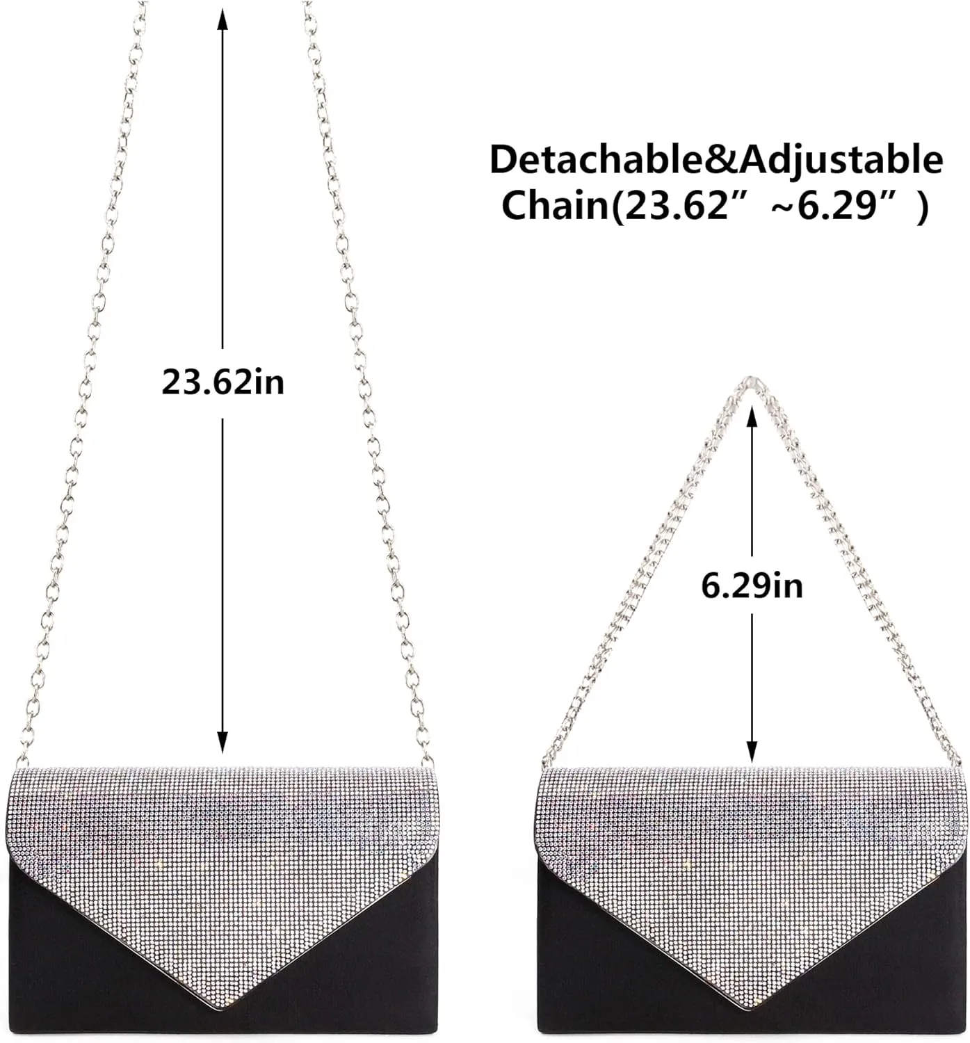 Womens Envelope Evening Bag Clutch Purses Sparkling Rhinestone Hangbag Shoulder Crossbody Bag with Detachable Chain