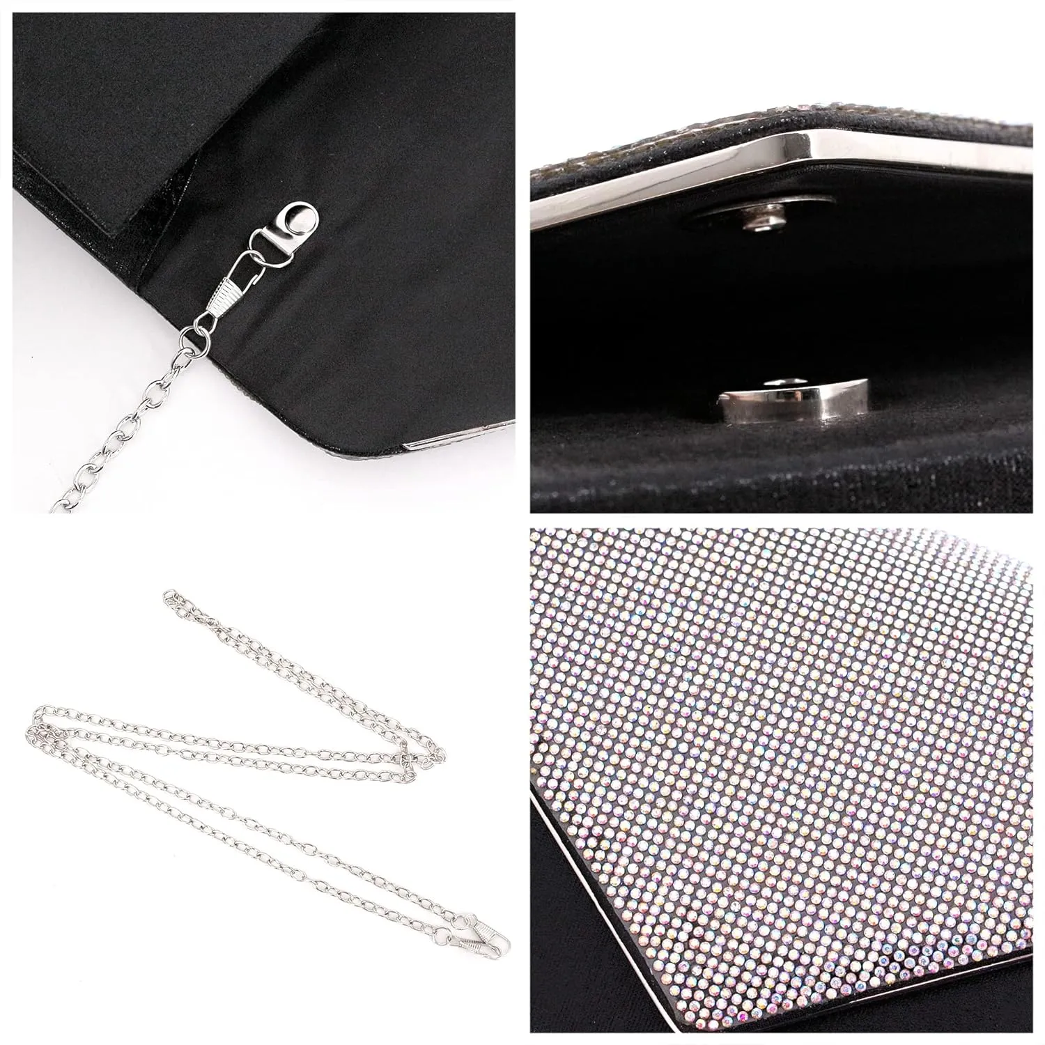 Womens Envelope Evening Bag Clutch Purses Sparkling Rhinestone Hangbag Shoulder Crossbody Bag with Detachable Chain