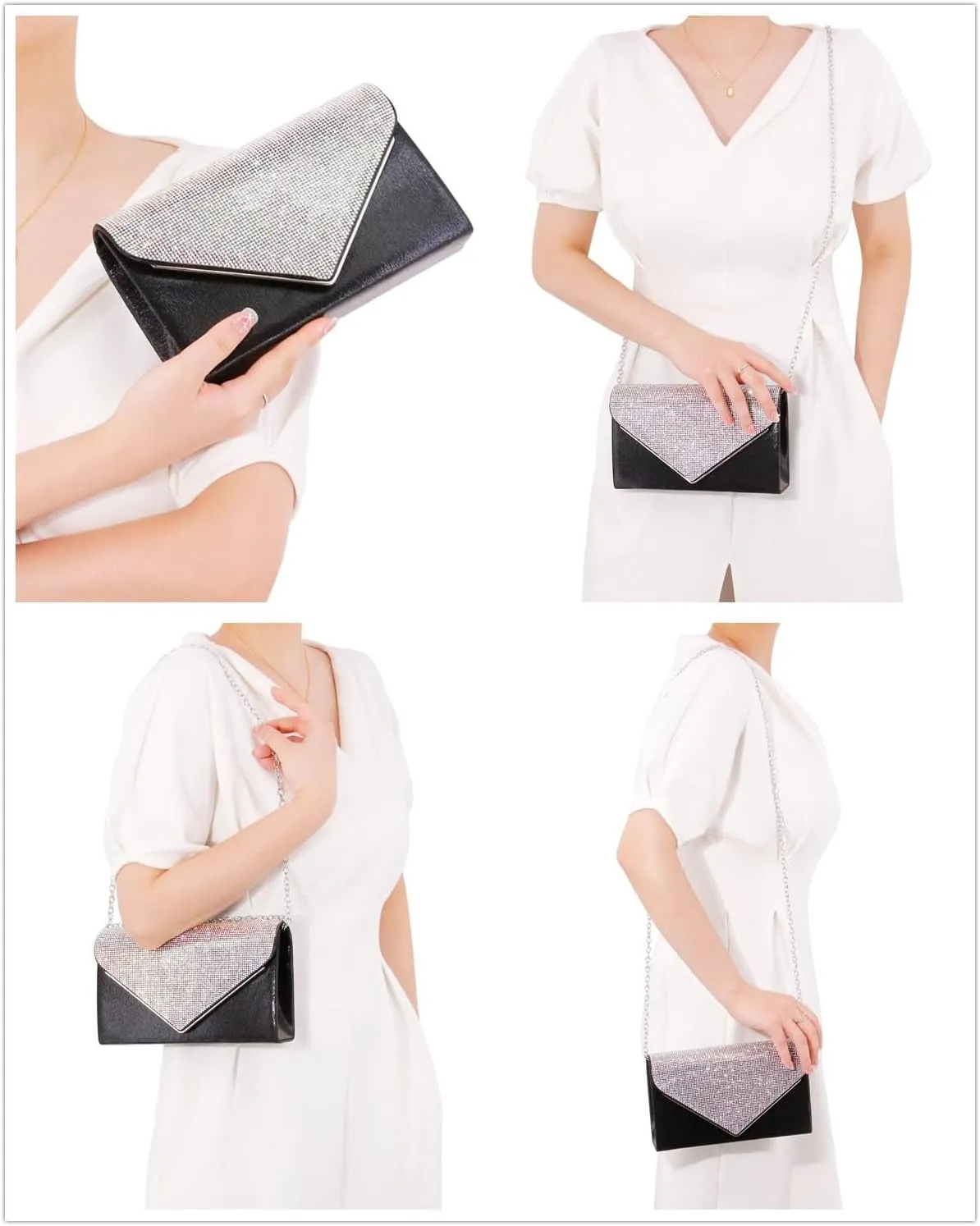 Womens Envelope Evening Bag Clutch Purses Sparkling Rhinestone Hangbag Shoulder Crossbody Bag with Detachable Chain