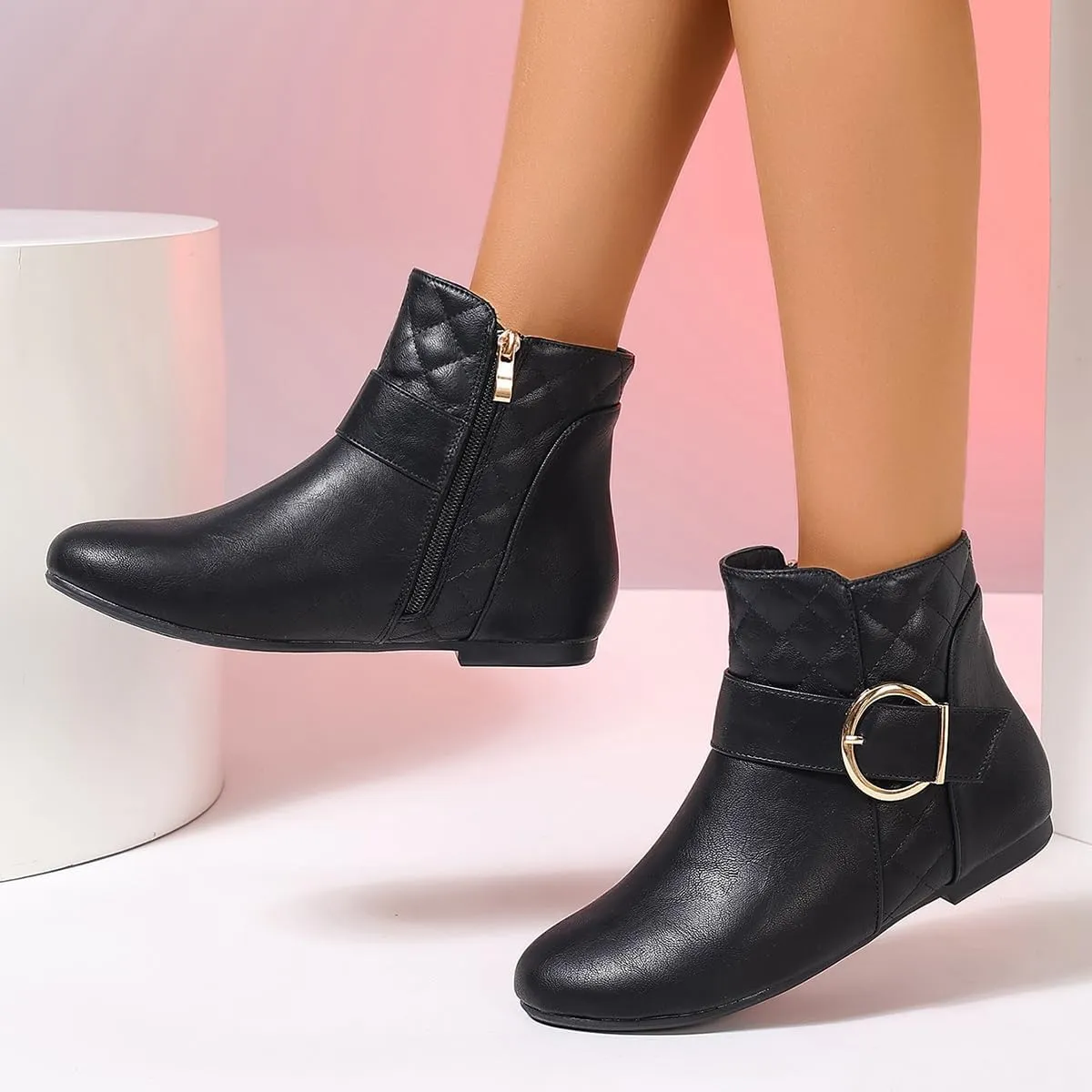 Womens Fall Flat Ankle Boots - Low Heel Booties with Metal Ring Detail, Short No Heel Boots for Women, Stylish Fall Footwear