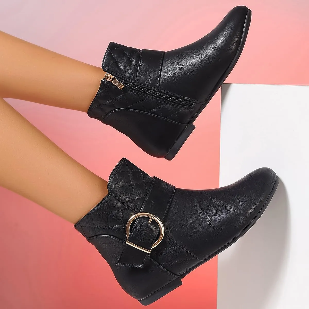 Womens Fall Flat Ankle Boots - Low Heel Booties with Metal Ring Detail, Short No Heel Boots for Women, Stylish Fall Footwear