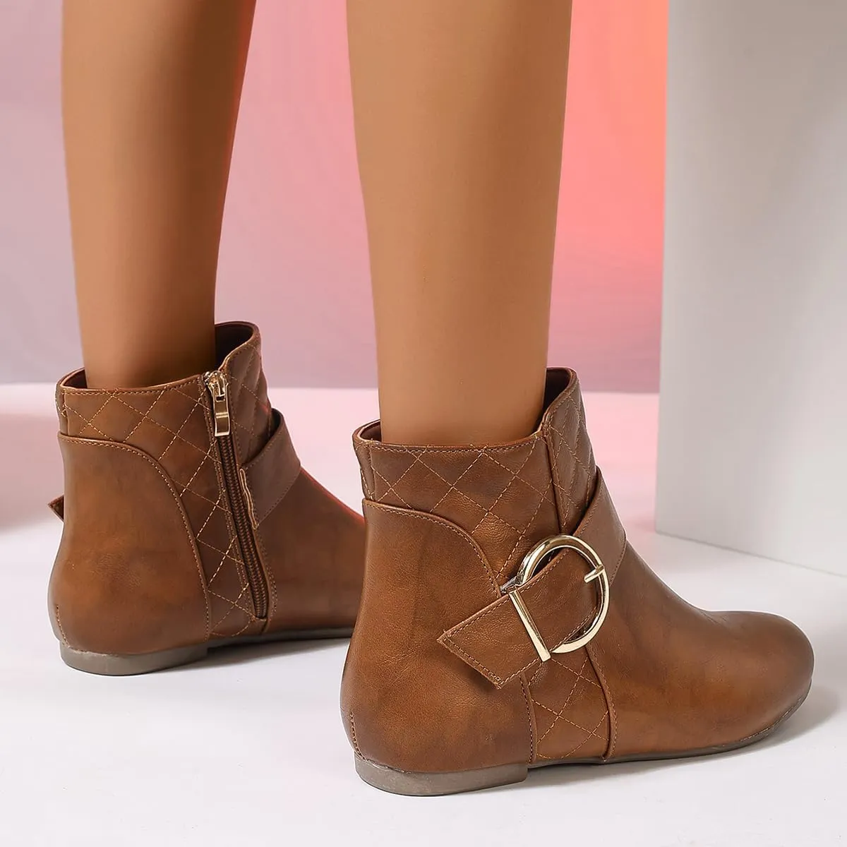 Womens Fall Flat Ankle Boots - Low Heel Booties with Metal Ring Detail, Short No Heel Boots for Women, Stylish Fall Footwear