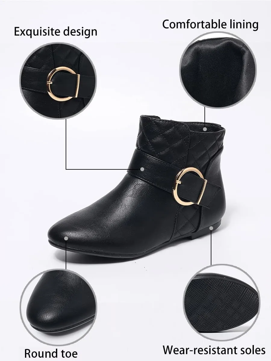 Womens Fall Flat Ankle Boots - Low Heel Booties with Metal Ring Detail, Short No Heel Boots for Women, Stylish Fall Footwear