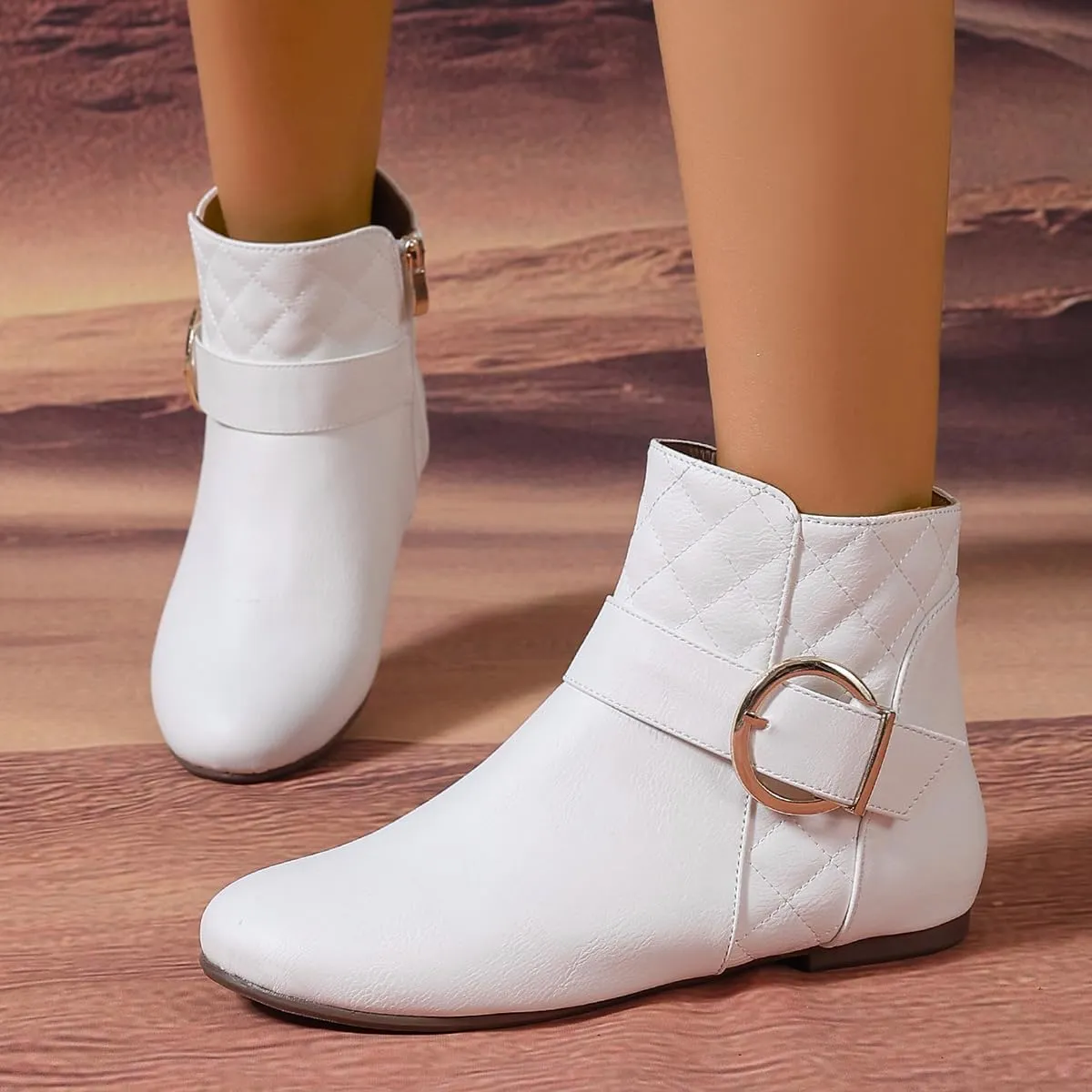 Womens Fall Flat Ankle Boots - Low Heel Booties with Metal Ring Detail, Short No Heel Boots for Women, Stylish Fall Footwear