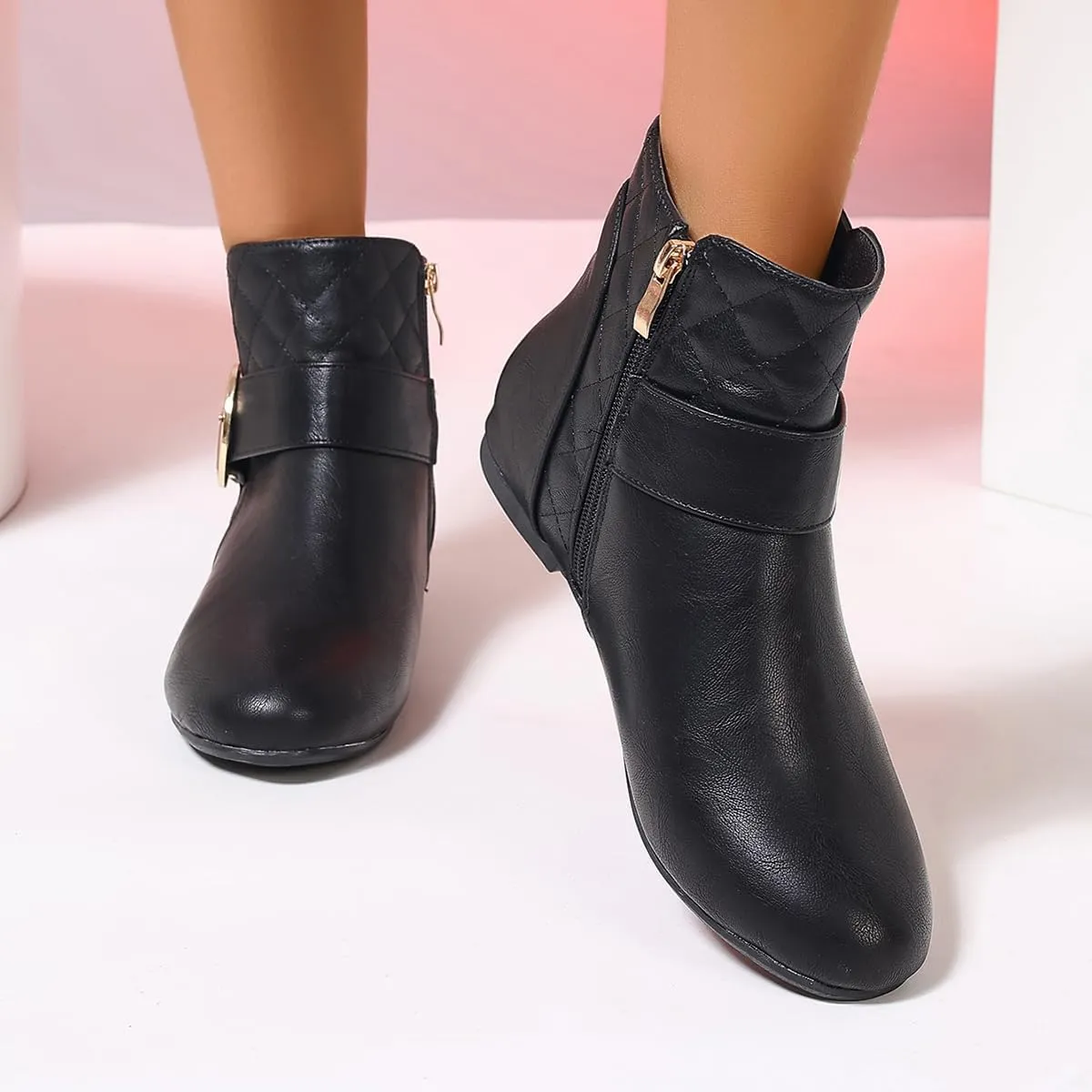 Womens Fall Flat Ankle Boots - Low Heel Booties with Metal Ring Detail, Short No Heel Boots for Women, Stylish Fall Footwear