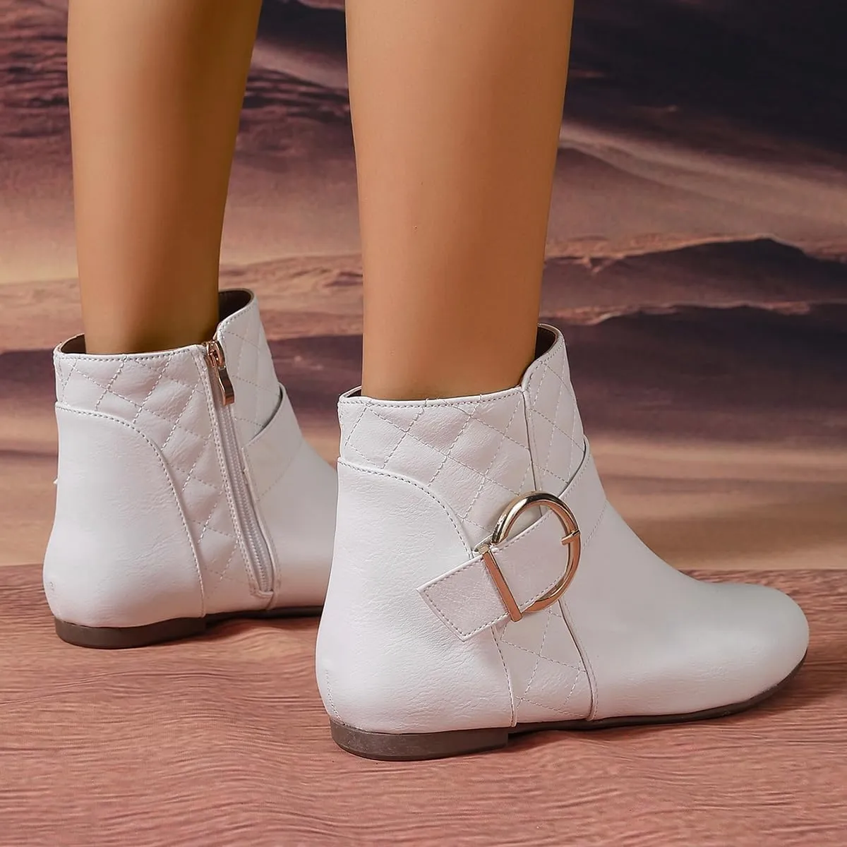 Womens Fall Flat Ankle Boots - Low Heel Booties with Metal Ring Detail, Short No Heel Boots for Women, Stylish Fall Footwear