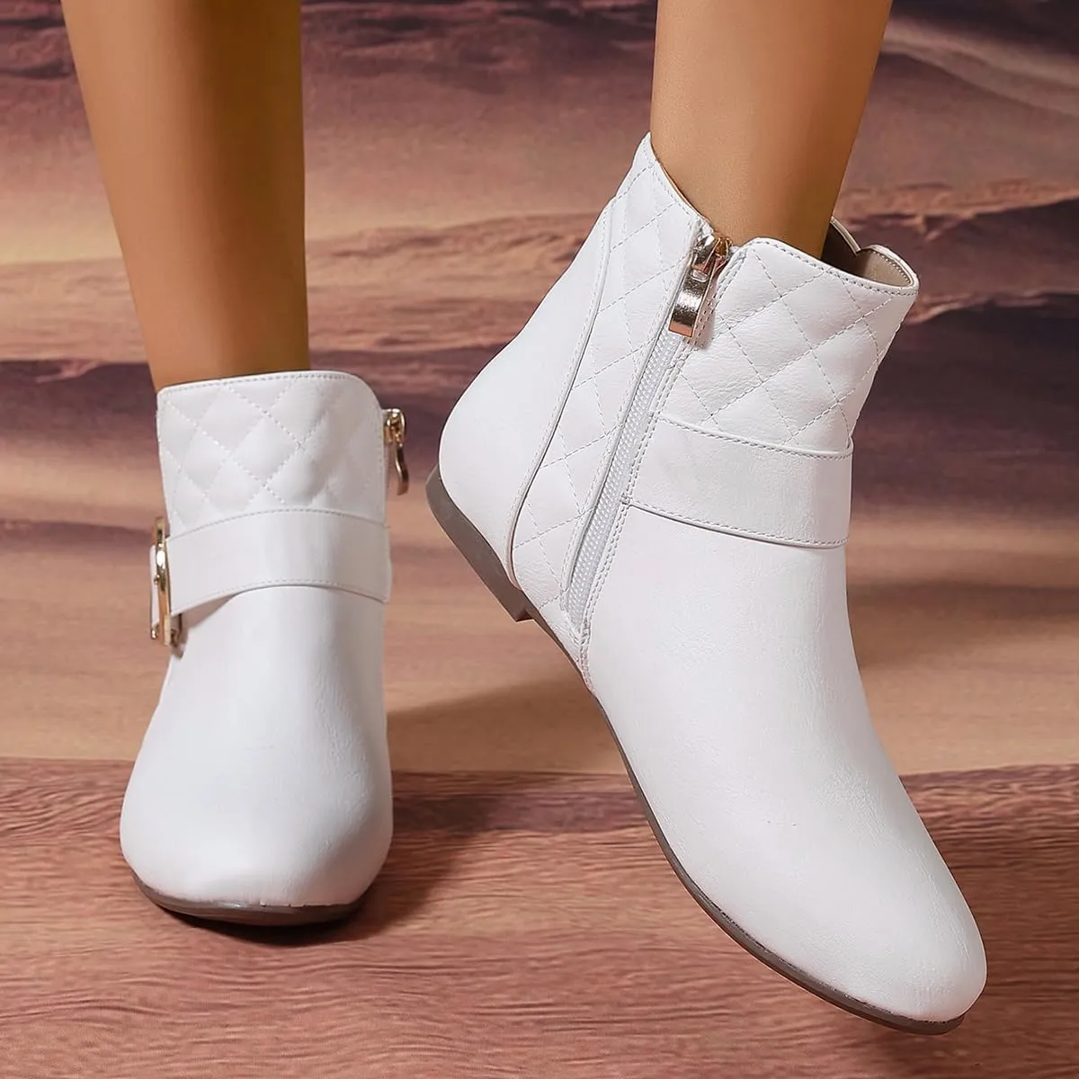 Womens Fall Flat Ankle Boots - Low Heel Booties with Metal Ring Detail, Short No Heel Boots for Women, Stylish Fall Footwear