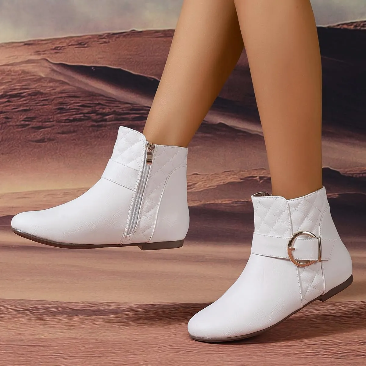 Womens Fall Flat Ankle Boots - Low Heel Booties with Metal Ring Detail, Short No Heel Boots for Women, Stylish Fall Footwear