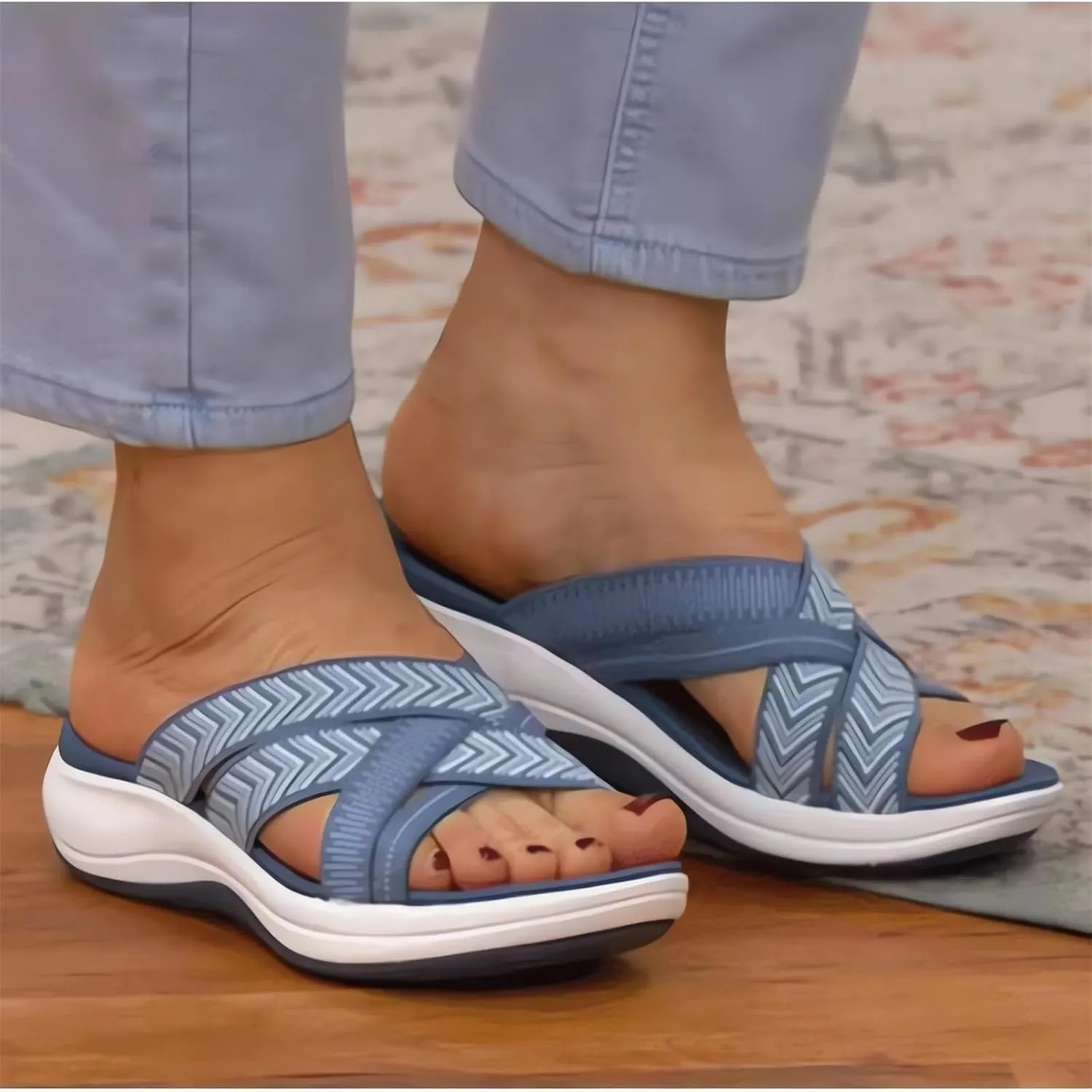 Women's Flat Slide Sandal Arch Support Comfort Orthotic Plantar Fasciitis Cushion Soft Slip On Platform Sandals Open Toe Yoga Mat Slipper for Women Summer Beach Walking