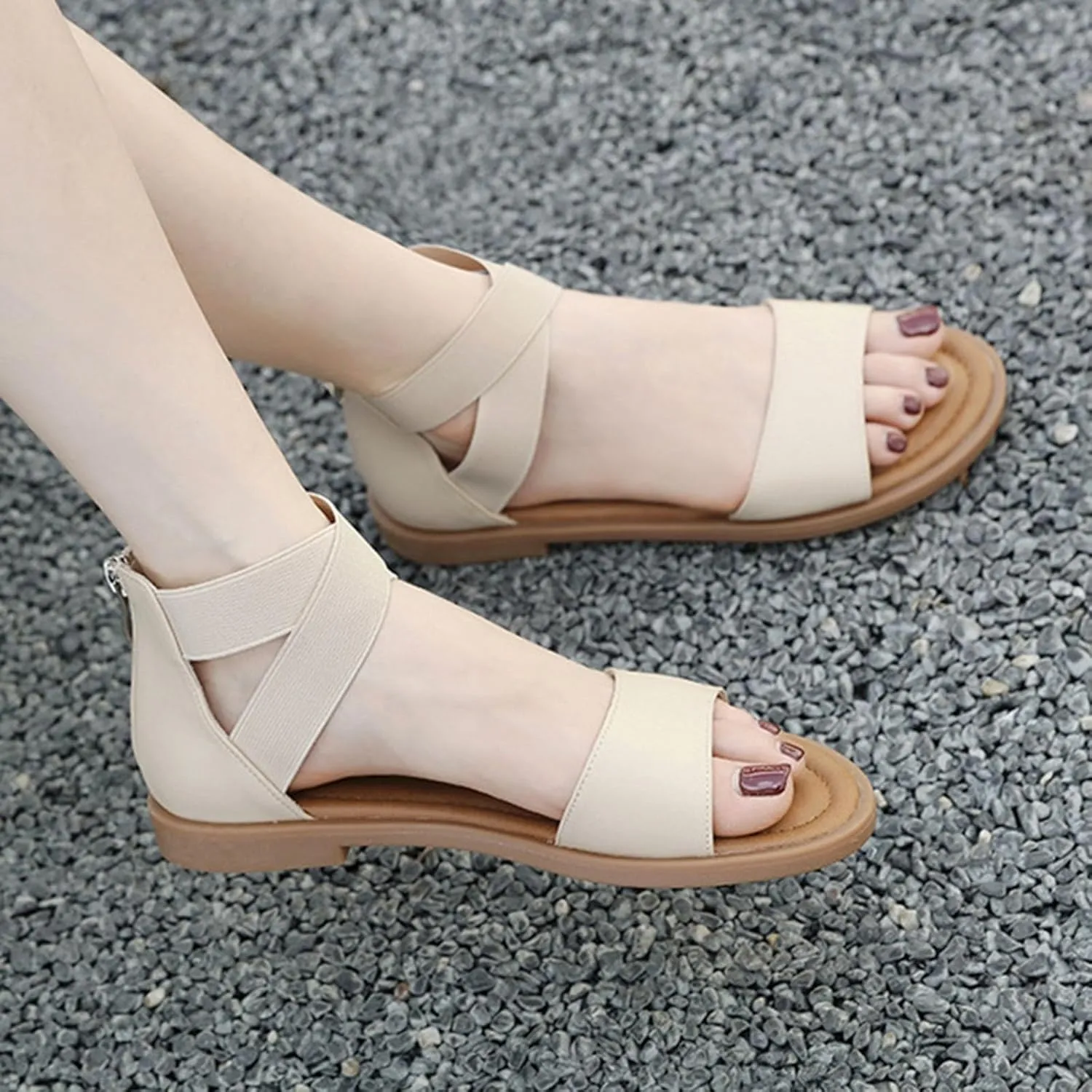 Women's Gladiator Flat Sandals with Back Zipper - Summer Dressy Non Slip Shoes for Casual, Beach Walking Vegan Leather Flat Sandal for Women