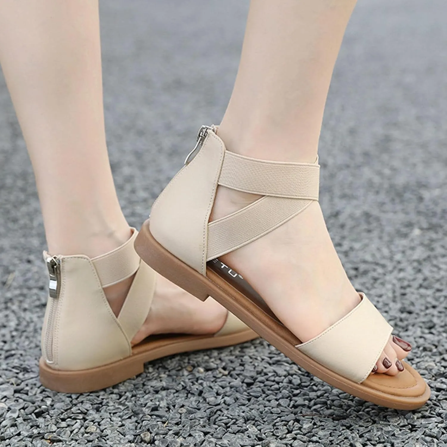Women's Gladiator Flat Sandals with Back Zipper - Summer Dressy Non Slip Shoes for Casual, Beach Walking Vegan Leather Flat Sandal for Women