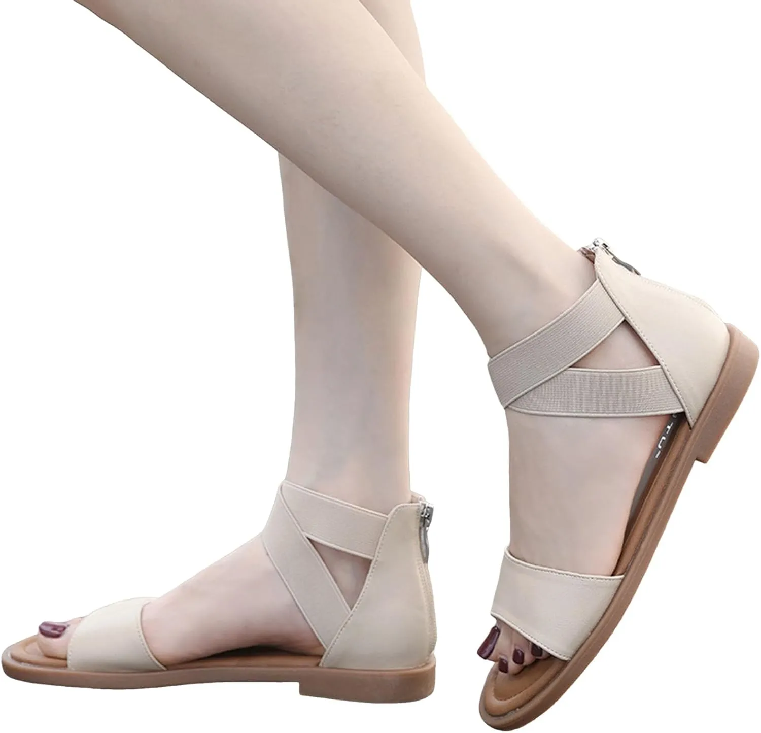 Women's Gladiator Flat Sandals with Back Zipper - Summer Dressy Non Slip Shoes for Casual, Beach Walking Vegan Leather Flat Sandal for Women