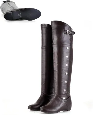 Women's Leather Hidden wedge heel Knee High Boots with Studded Decoration Round Toe Flat Dress Long Tall Boots for Fall Winter