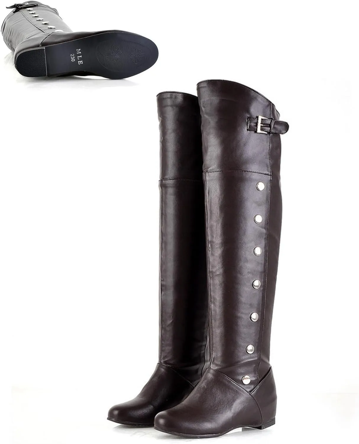 Women's Leather Hidden wedge heel Knee High Boots with Studded Decoration Round Toe Flat Dress Long Tall Boots for Fall Winter