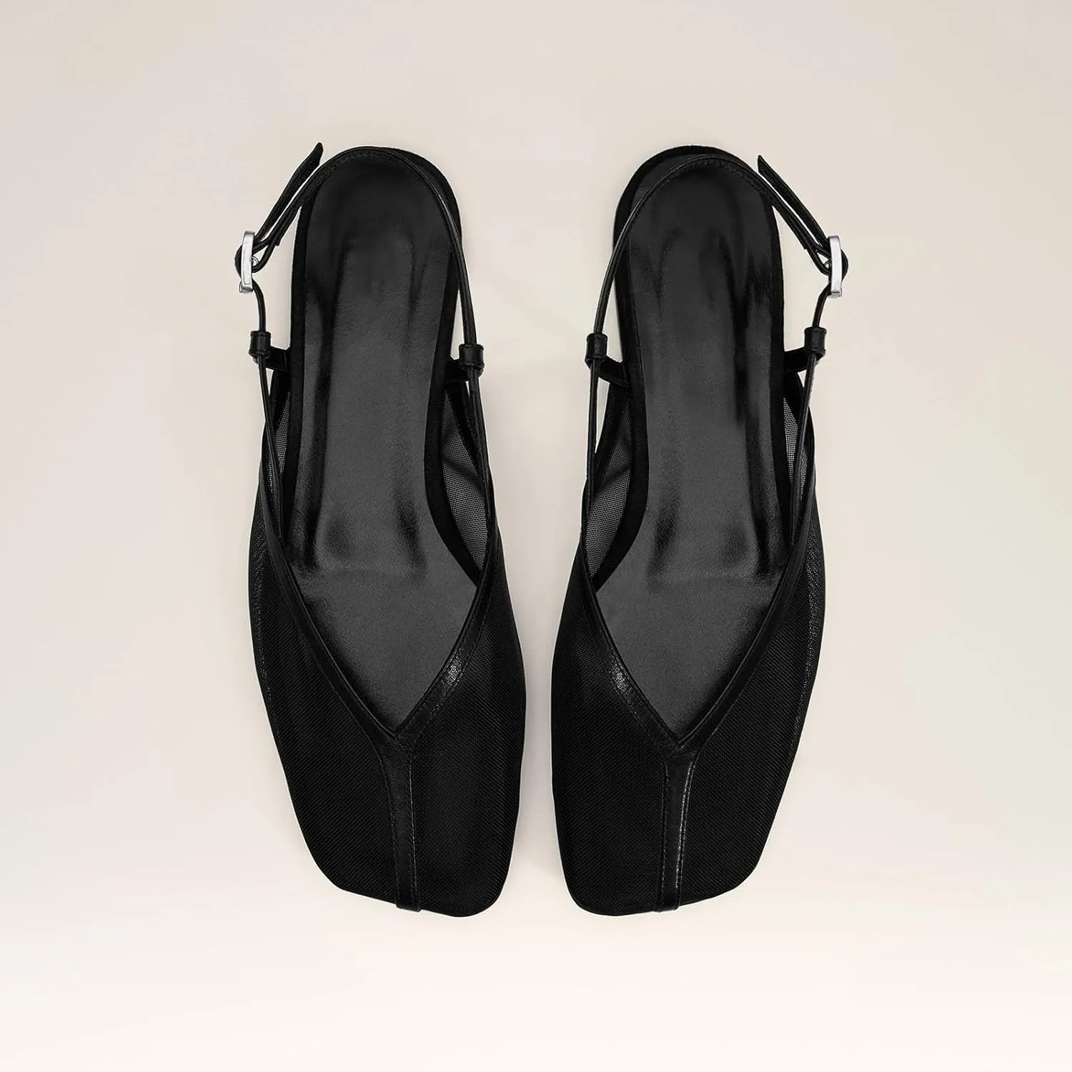 Women's Mesh & Leather Slingback Ballet Flats, Slip-On Square Toe Mary Jane Shoes with Adjustable Strap Buckle, Breathable Casual Comfortable Sandals