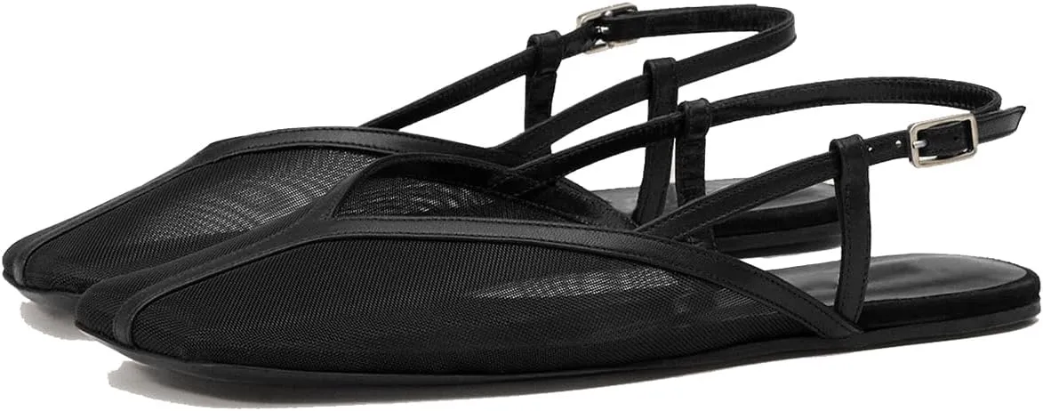Women's Mesh & Leather Slingback Ballet Flats, Slip-On Square Toe Mary Jane Shoes with Adjustable Strap Buckle, Breathable Casual Comfortable Sandals