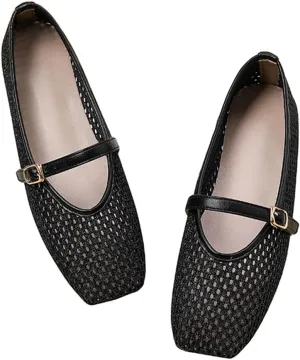 Women's Mesh Mary Jane Flats, Square Toe Ballet Shoes, Breathable Comfort Slip-Ons in White, Black, Purple, Silver, 5 Colors