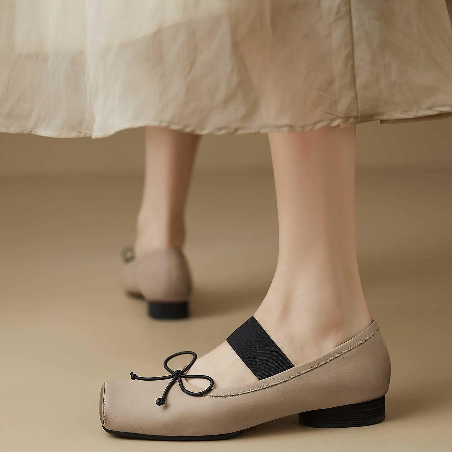 Womens Nubuck Leather Ballet Flats, Retro Square Toe with Wide Elastic Crisscross Band Low Thin Heel Shoes for Everyday Wear