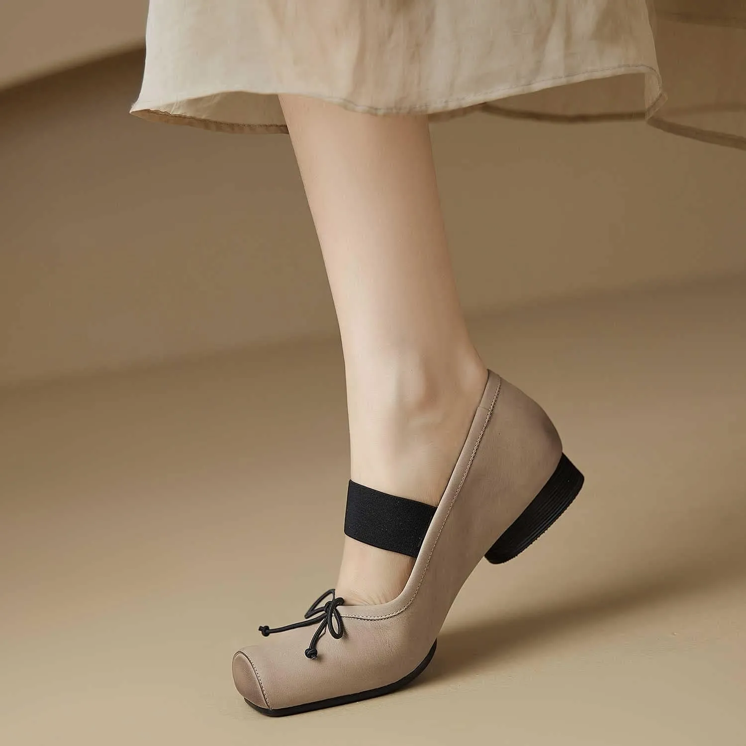 Womens Nubuck Leather Ballet Flats, Retro Square Toe with Wide Elastic Crisscross Band Low Thin Heel Shoes for Everyday Wear