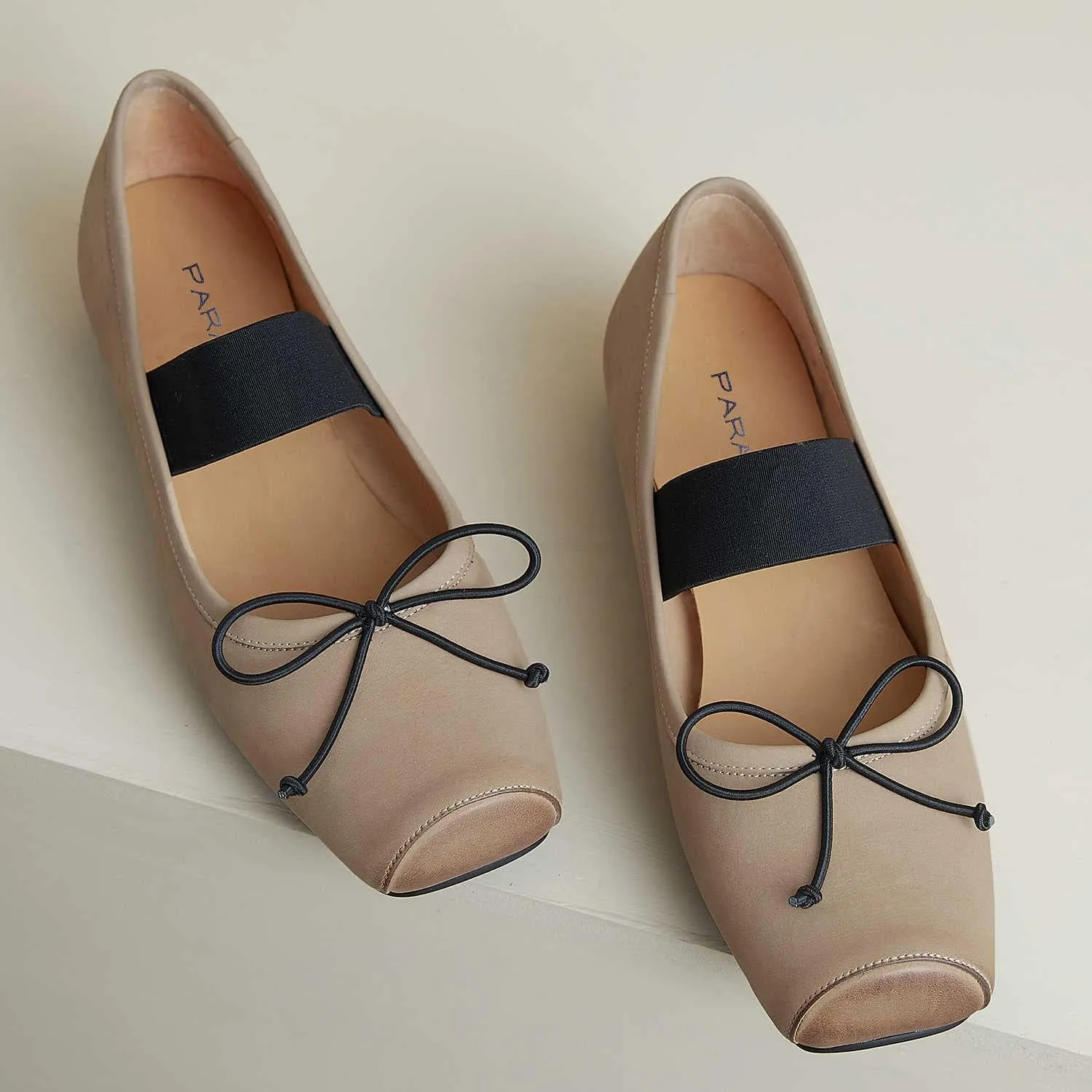 Womens Nubuck Leather Ballet Flats, Retro Square Toe with Wide Elastic Crisscross Band Low Thin Heel Shoes for Everyday Wear