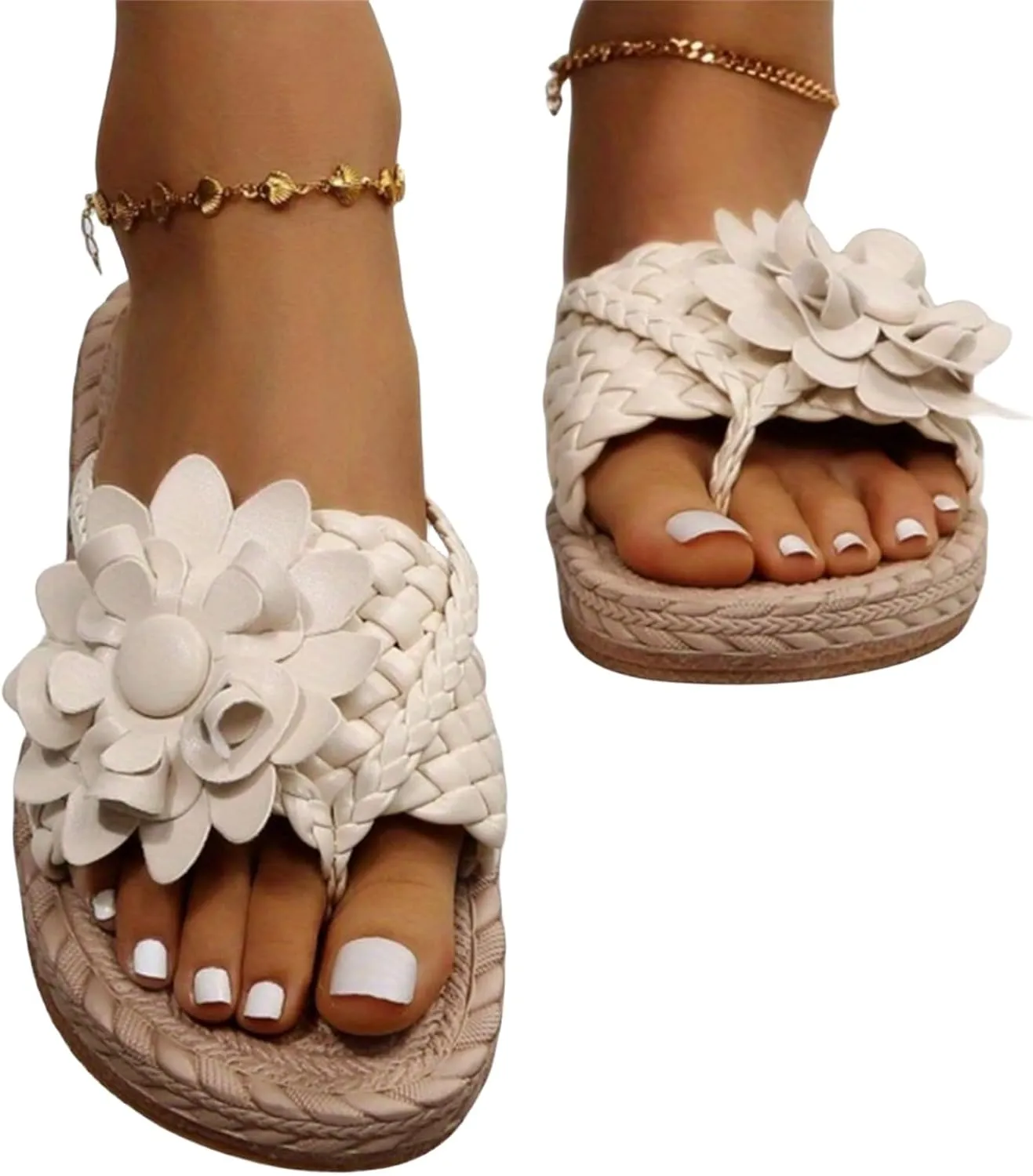 Women's Orthopedic Flower Flat Flip Flops 3D Stereoscopic Floral Design Shoes Flower Decor Weave Detail Toe Post Slides Women's Flat Stylish Sandals