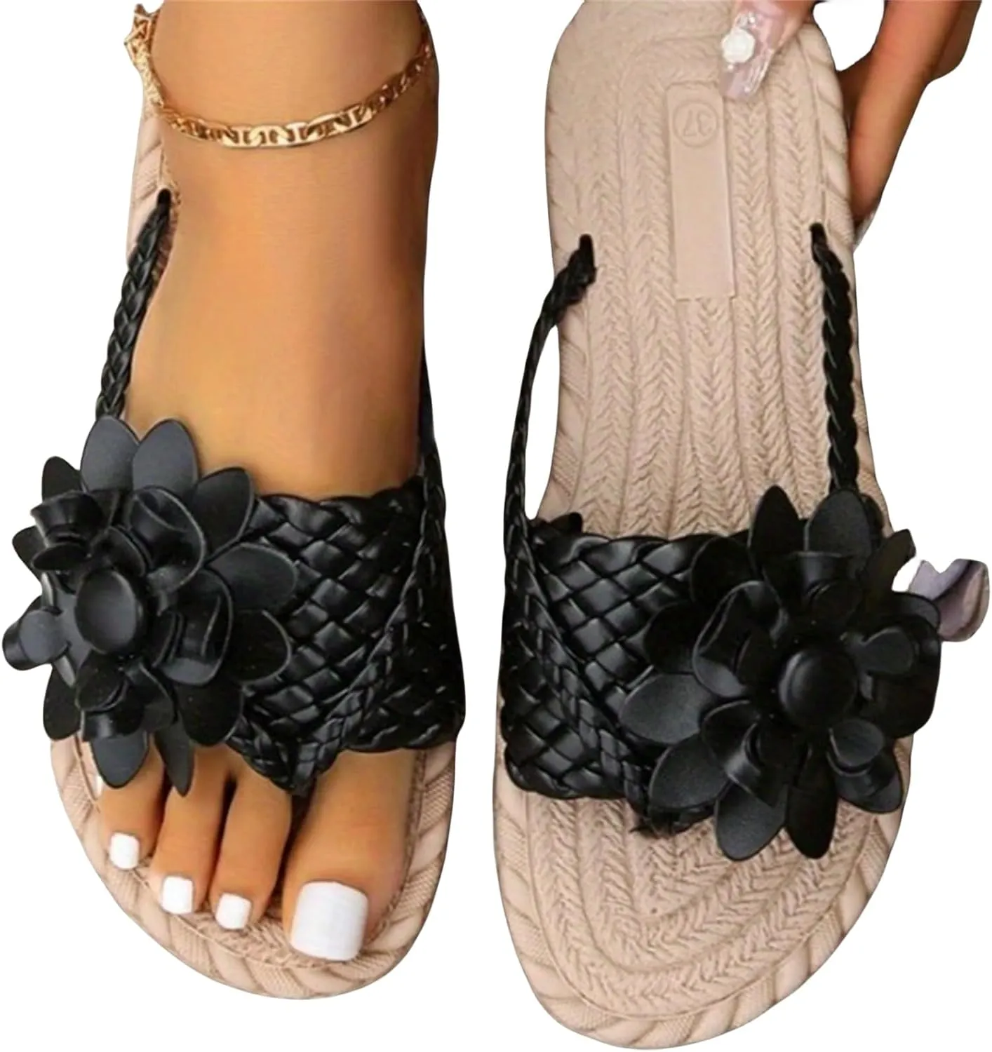 Women's Orthopedic Flower Flat Flip Flops 3D Stereoscopic Floral Design Shoes Flower Decor Weave Detail Toe Post Slides Women's Flat Stylish Sandals