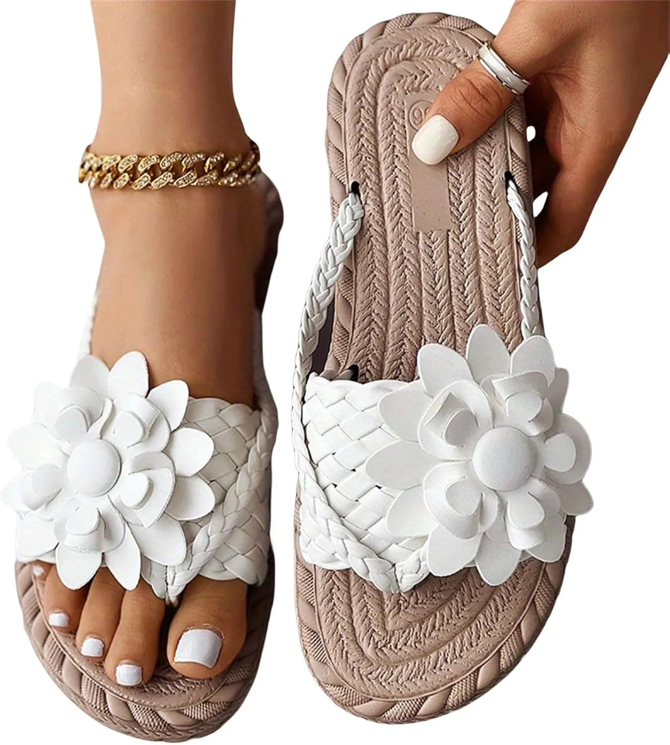 Women's Orthopedic Flower Flat Flip Flops 3D Stereoscopic Floral Design Shoes Flower Decor Weave Detail Toe Post Slides Women's Flat Stylish Sandals
