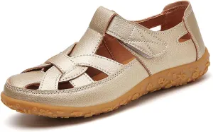 Women's Summer Casual Sandals Comfortable Flat Boho Leather Shoes with Perforated Design for Outdoor Vacation and Daily Wear