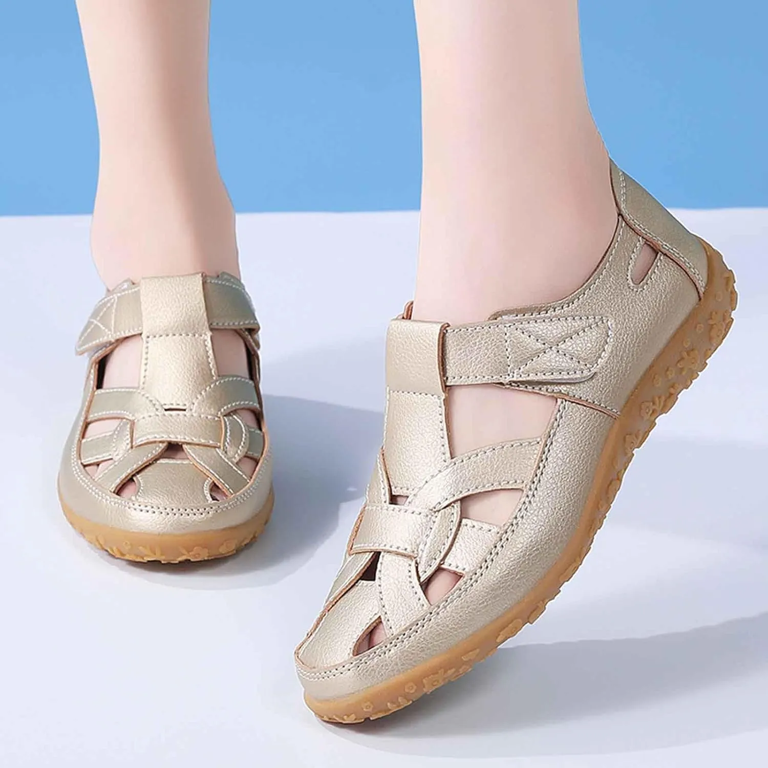 Women's Summer Casual Sandals Comfortable Flat Boho Leather Shoes with Perforated Design for Outdoor Vacation and Daily Wear