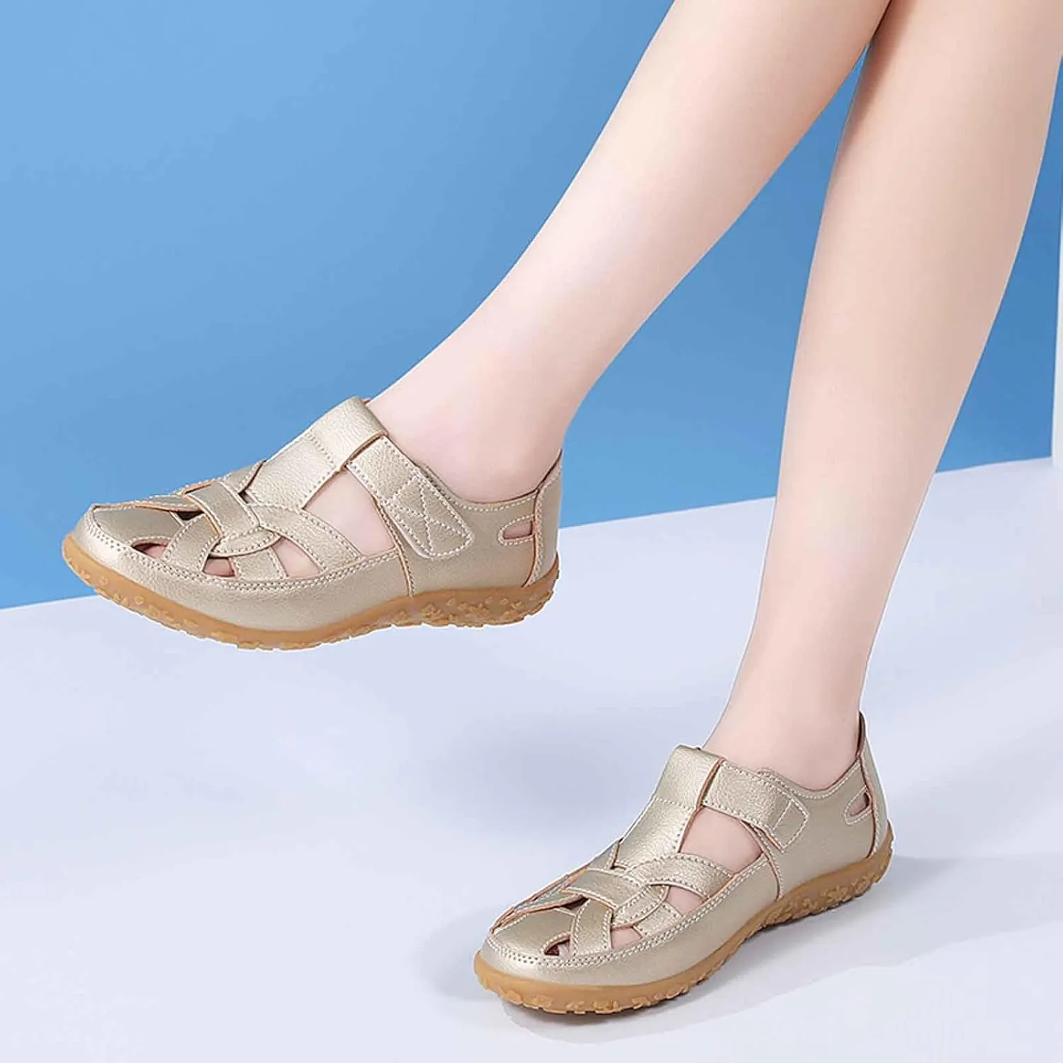 Women's Summer Casual Sandals Comfortable Flat Boho Leather Shoes with Perforated Design for Outdoor Vacation and Daily Wear