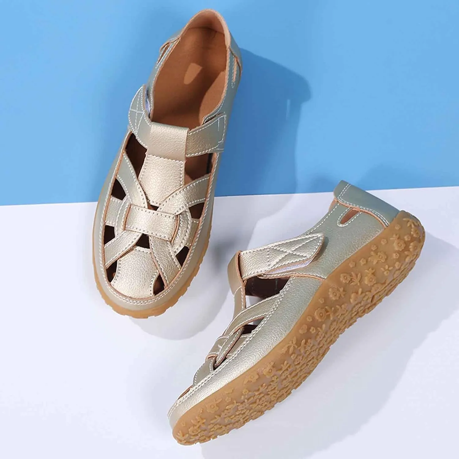 Women's Summer Casual Sandals Comfortable Flat Boho Leather Shoes with Perforated Design for Outdoor Vacation and Daily Wear