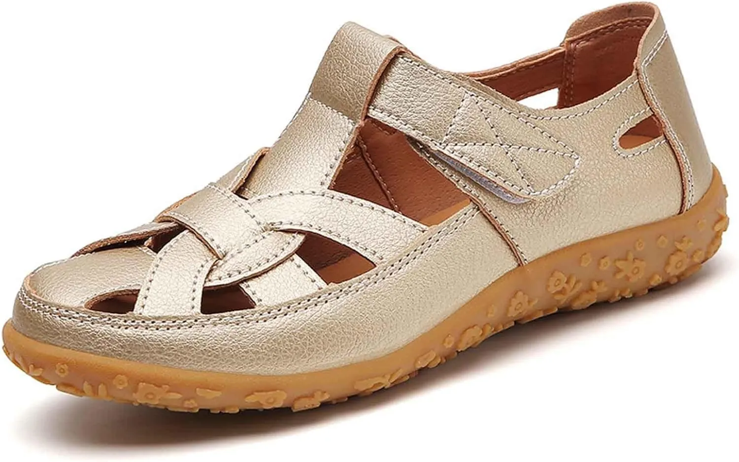Women's Summer Casual Sandals Comfortable Flat Boho Leather Shoes with Perforated Design for Outdoor Vacation and Daily Wear