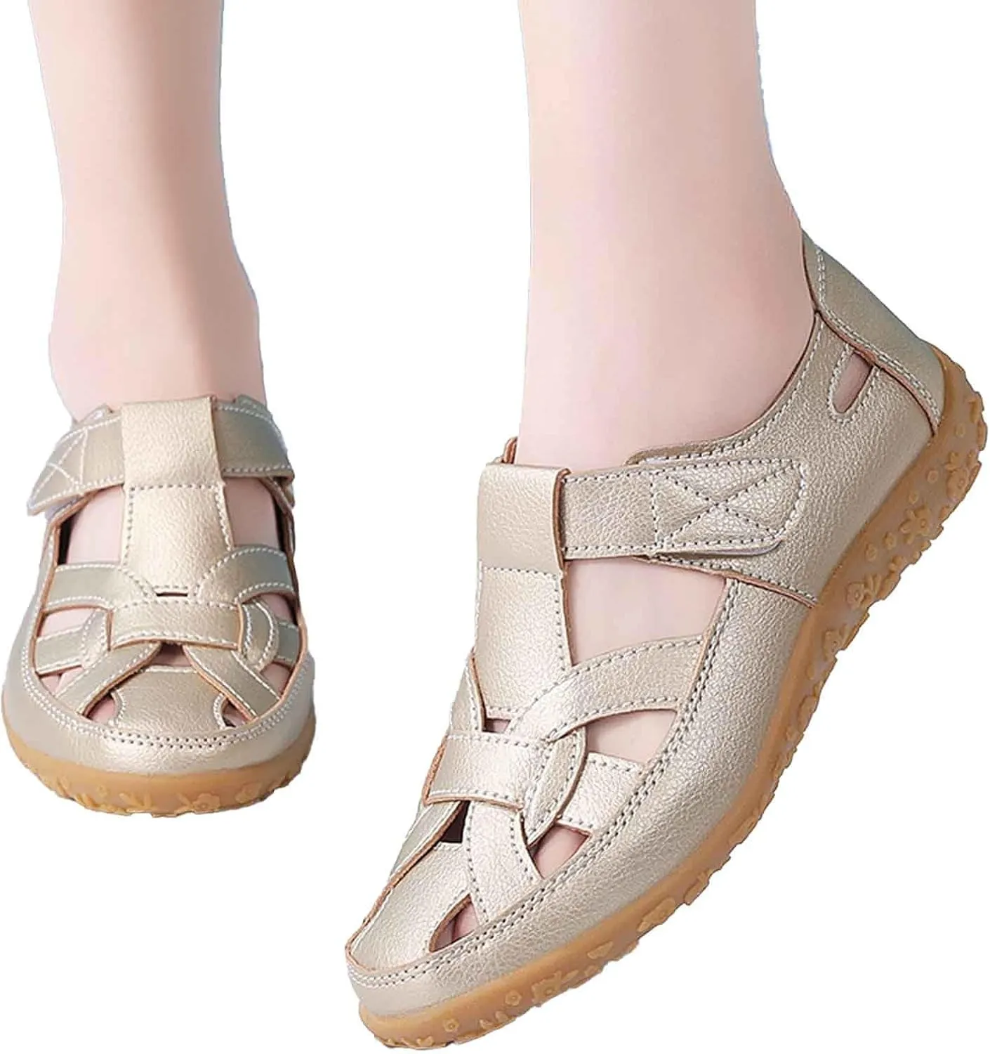 Women's Summer Casual Sandals Comfortable Flat Boho Leather Shoes with Perforated Design for Outdoor Vacation and Daily Wear