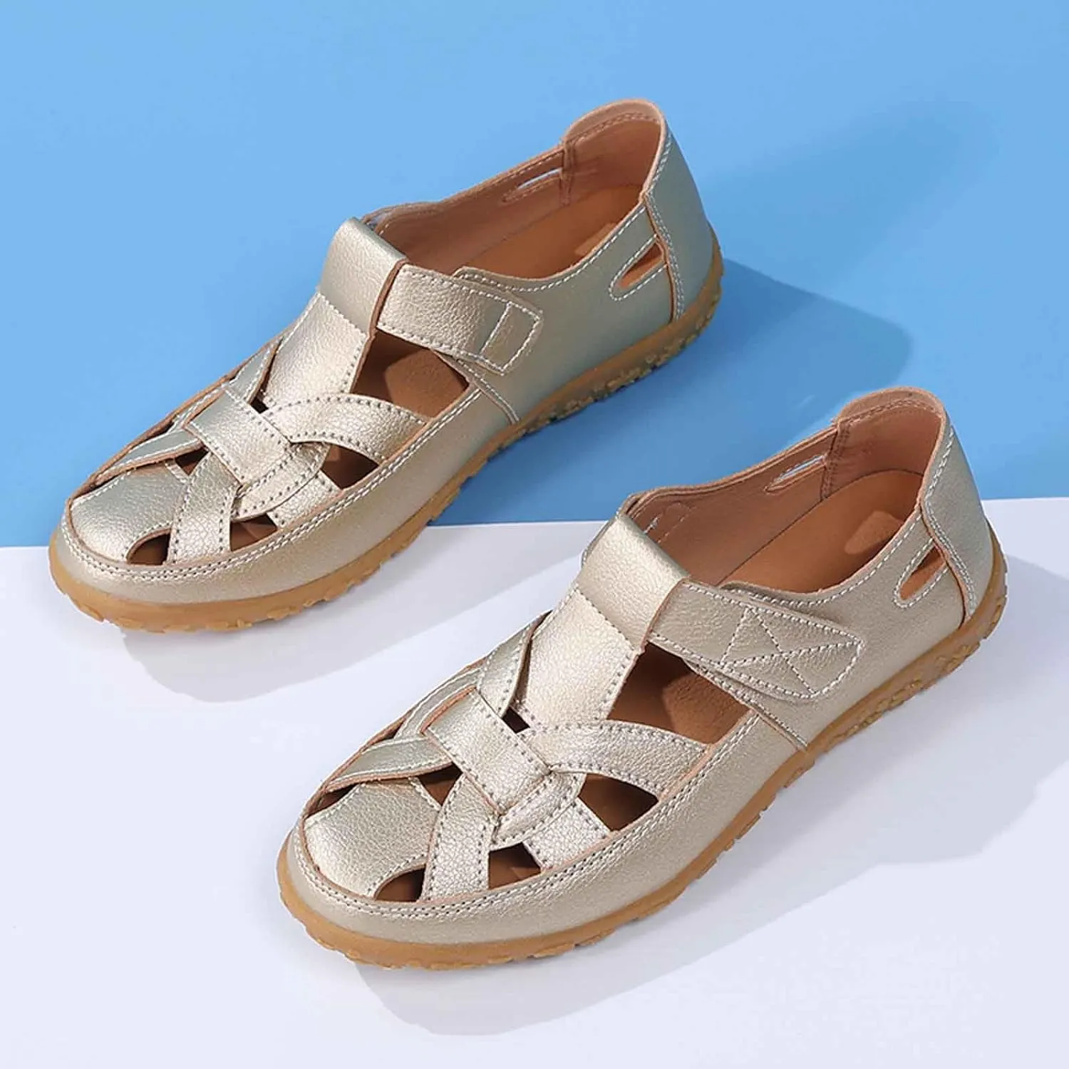 Women's Summer Casual Sandals Comfortable Flat Boho Leather Shoes with Perforated Design for Outdoor Vacation and Daily Wear